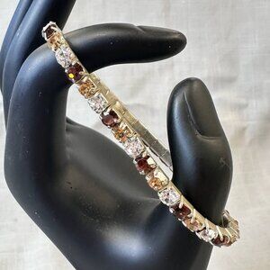 Gold Tone Amber Clear and Brown Rhinestone Stretchy Bracelet